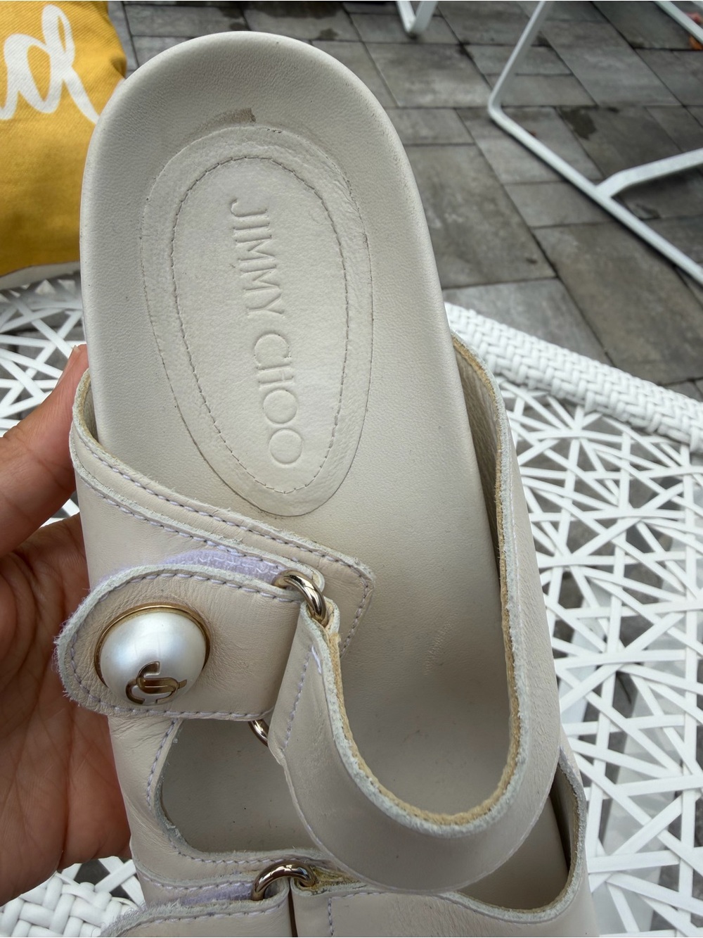 Jimmy Choo Ivory Leather Slide Sandals with Gold-Tone Hardware - Picture 5 of 8